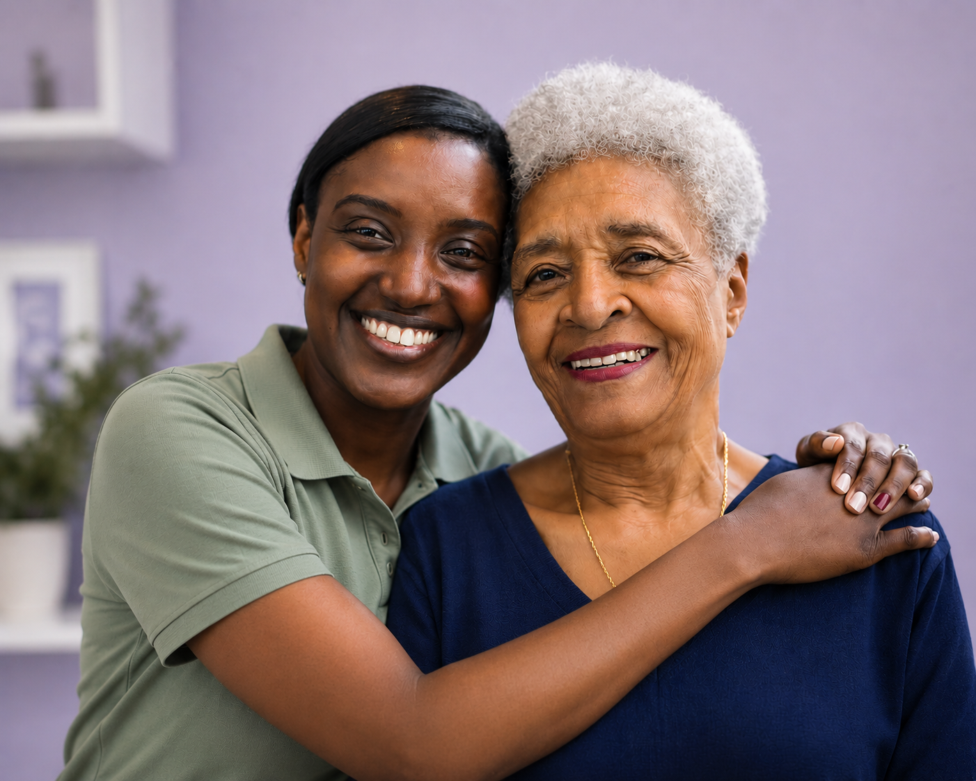 Caregiver warmly embracing an older adult at home