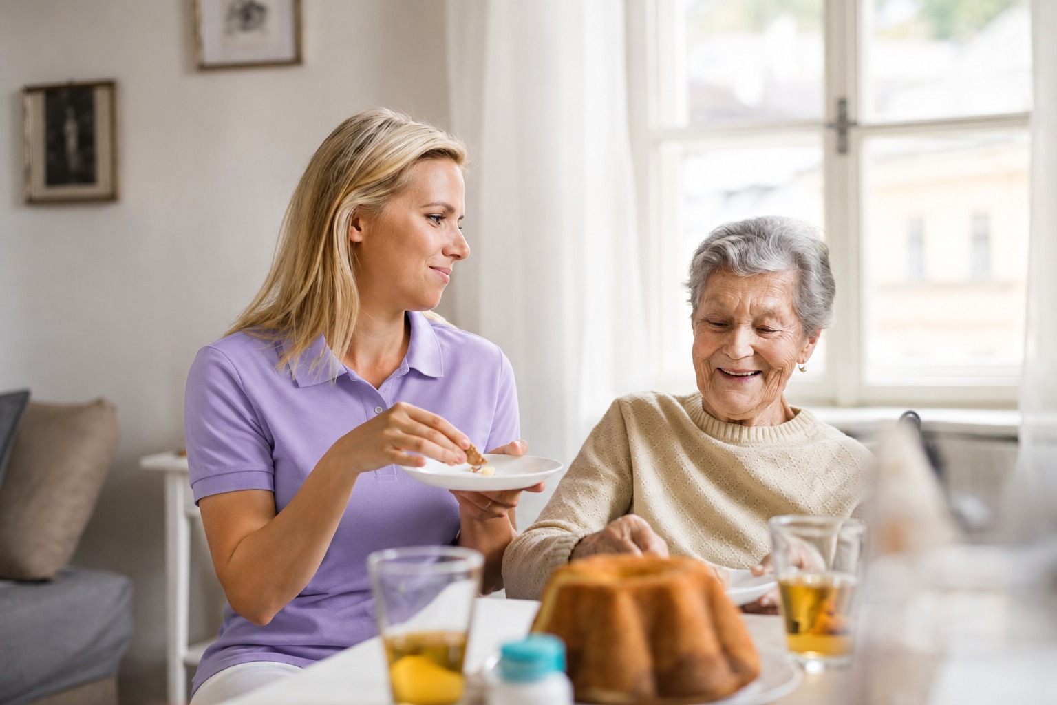 Caregiver sharing a meal with an older adult at home